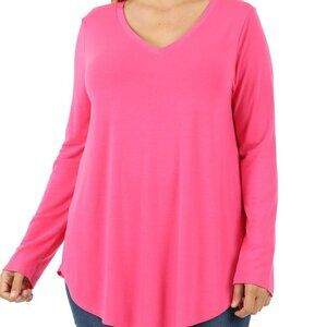 Plus Size Long Sleeve T-shirt for Women Bright Pink V-Neck